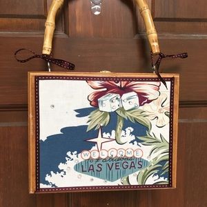 Cigar Box purse Las Vegas bamboo handle. Small mirror inside, labeled Konfetie.